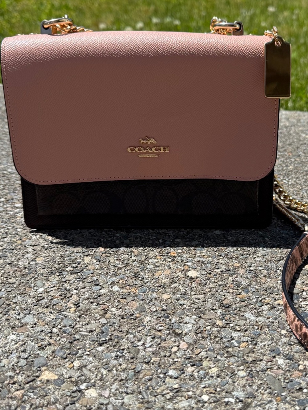 Coach Pink and Brown Signature Crossbody Bag with Gold Hardware